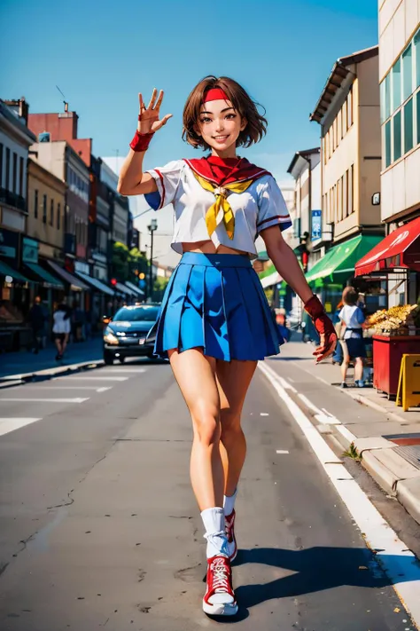 sakurasf5, short brown hair, brown eyes, white headband, white serafuku, shirt, red fingerless gloves, yellow neckerchief, blue skirt, red shoes, looking at viewer, smiling, happy, 
walking toward viewer, arm raised, waving, cute, outside, city, store, mar...