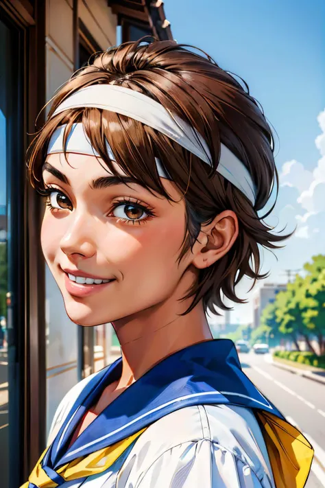 sakurasf5, short brown hair, brown eyes, white headband, white serafuku, shirt, yellow neckerchief,looking at viewer, smiling,portrait, 
outside, blue sky, extreme detail, masterpiece,  <lora:sakuraSF5:.7>