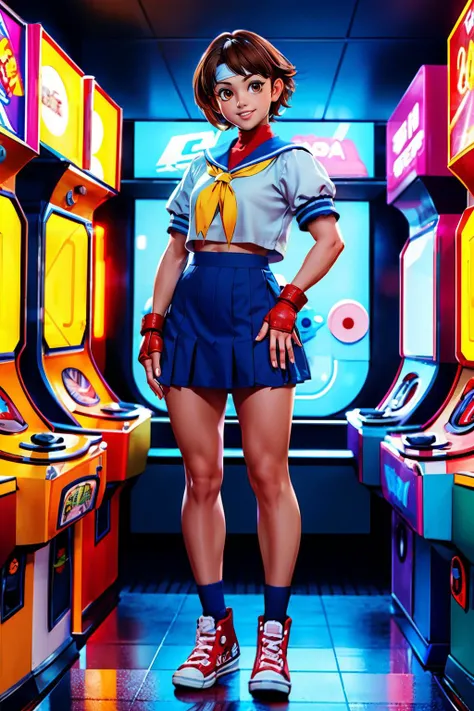 sakura, short brown hair, brown eyes,white headband, blue serafuku, shirt, yellow neckerchief, midriff, blue skirt, red fingerless gloves, red shoes, looking at viewer, smiling, full body shot, standing, inside a arcade, arcade cabinet, dark, neon lighting...