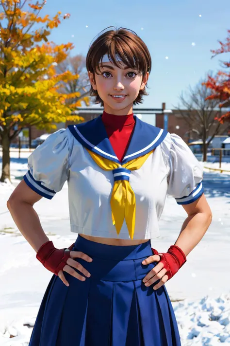 sakura, short hair, brown hair, brown eyes,white headband, blue serafuku, shirt, midriff, red fingerless gloves, yellow neckerchief, blue skirt, looking at viewer, smiling, standing, hands on hips, outside, park, trees, field, autumn, snowing, overcast, hi...