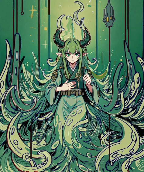 anime girl with green hair and horns in a green room