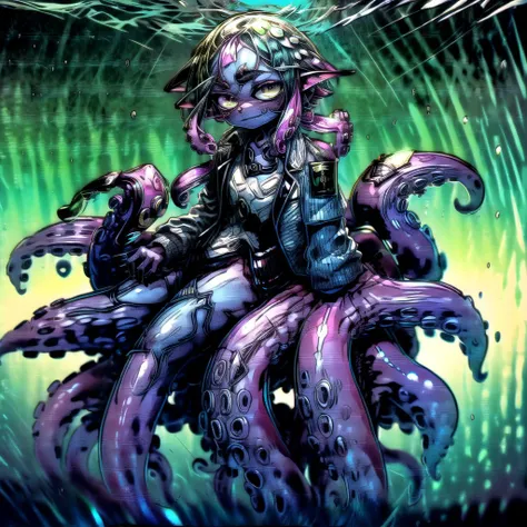 there is a cartoon picture of a woman riding an octopus