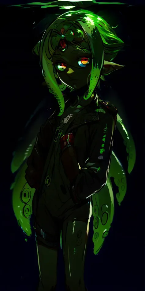 a close up of a person with green hair and a green jacket