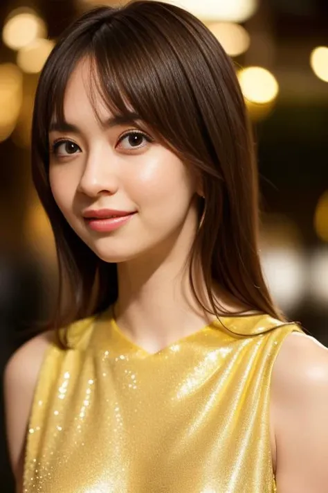 1girl,(wearing a yellow  sleeveless glittery evening dress:1.3),(RAW photo, best quality), (realistic, photo-realistic:1.4), masterpiece, an extremely delicate and beautiful, extremely detailed, 2k wallpaper, Amazing, finely detail, extremely detailed CG u...