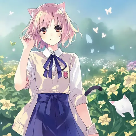 <lora:linmi:1>,1girl, original, (masterpiece), (illustration), (extremely fine and beautiful), perfect detailed, photorealistic, (beautiful and clear background:1.25), (depth of field:0.7), (1 cute girl with (cat ear and cat tail:1.2) stands in the garden:...