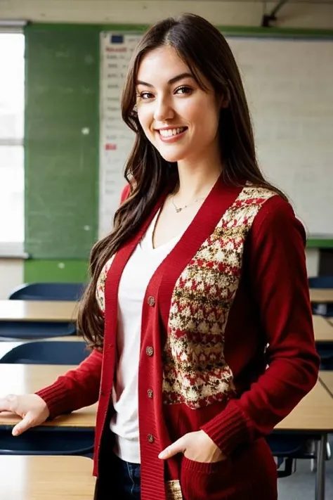 beautiful woman wearing a red cardigan, teacher in front of class, intricate details, having fun   <lora:SashaGrey-000005:1>