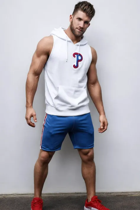 photo by Rick Day, posing in front of a white wall, wearing a sleeveless Phillies hoodie, gym shorts and sneakers,  <lora:BryceHaper:0.8> BryceHarper