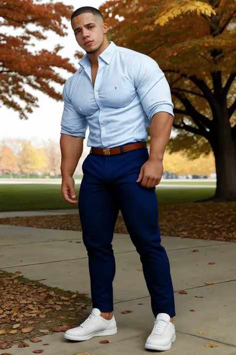 a man in a blue shirt and blue pants standing on a sidewalk