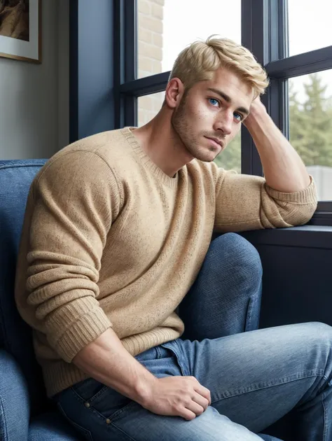 a man sitting on a blue chair in front of a window