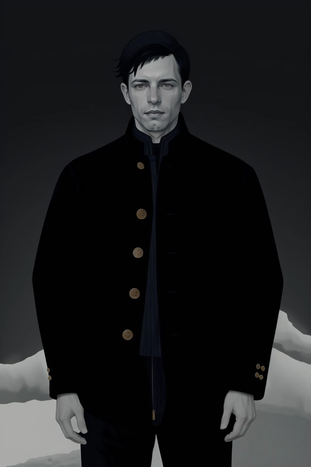 lineart, outline, bold outlne, <lora:sc_dean_epoch_8:0.8> male dnperson, mid-19th century, wool navy jacket, brass buttons, icy ...