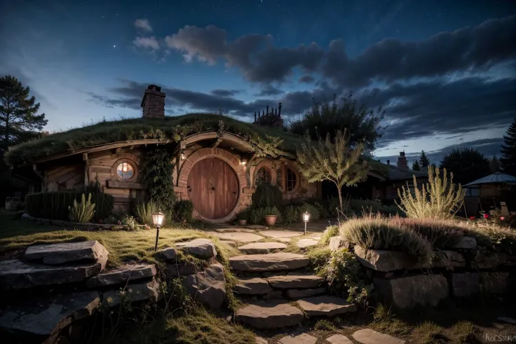 RAW photo of bush, niight, door,  a fence, wind chimes hanging from the roof, hobbit hole, nature, black sky with stars, stairs, tree, smoke rising from a chimney <lora:Hobbit_Hole:.8> <lora:add_detail:.5> <lora:LowRA_v2:.5>