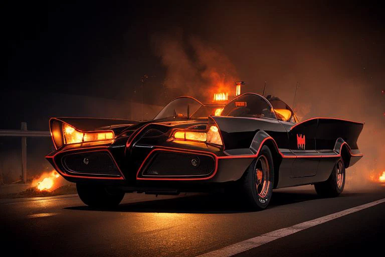 analog gloomy photo of a Batmobile, <lora:b4tm0b1l366:0.8>, racing down a highway at night, outrun, synthwave, retrowave, ((cyberpunk)), explosions in the background, tracer gunfire, High Detail, Sharp focus, ((photorealism)), realistic, best quality, 8k, ...