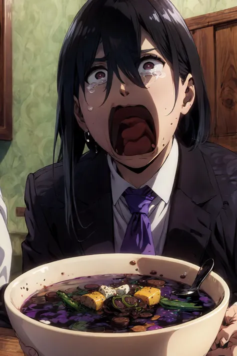 anime image of a man with a surprised look on his face eating a bowl of soup