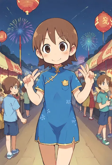 score_9, score_8_up, score_7_up, score_6_up, score_5_up, 
aioiyuuko, jyojifuku, blue china dress, blue clothes, brown hair, brown eyes, soft smile, facing viewer, looking at viewer, festival background, festival, fireworks, sunset, outdoors, cowboy shot, l...