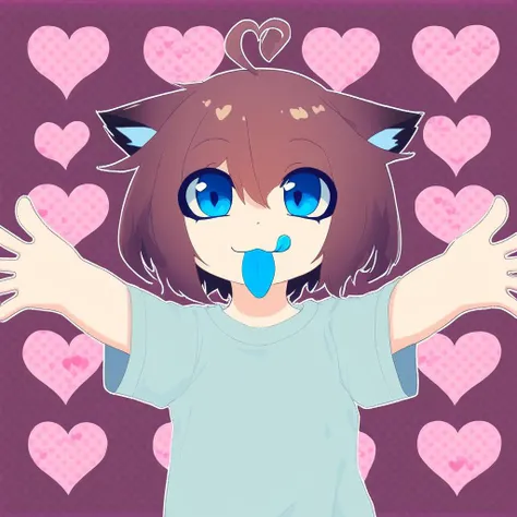 shirt, cat ears, upper body, looking at viewer, solo, tongue out, short hair, outstretched arms, artist name, closed mouth, heart background, blue tongue, ahoge