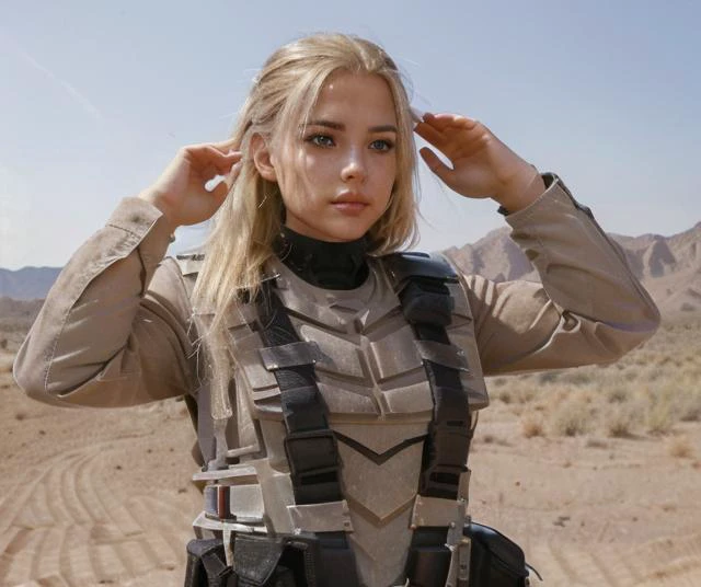 realistic, full body shot, A beautiful woman, long blonde hair, helmet in her hands, in uniform, saluting, desert background,  <lora:StarshipTroopersArmor-10:1>,  <lora:ReaLora:1>