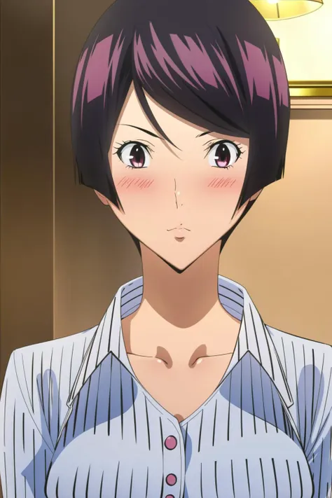 a woman with a short purple hair and a blue shirt