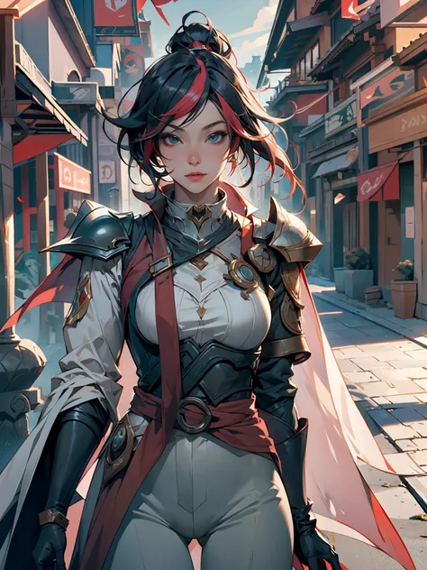 fiora (league of legends), 1girl, streaked hair, white bodysuit, green pants, armor, solo, detailed face, looking at viewer, upper body, potrait, outdoor, castle, stone walkway, houses, (masterpiece:1.2, best quality)