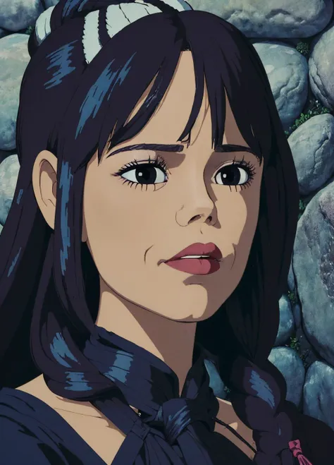 portrait of a gothic evil braided sks woman in a black dress, studio ghibli, ghibli style, anime <lora:ghibli_style_offset:1>, solo, <lora:locon_jennaort:1.5>, jenna ortega, stone wall background, candlelit