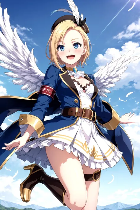 eriza, short hair, xenosmagica, hat feather, blue headwear, blue jacket, wing collar, open jacket, choker, ascot, gem, long sleeves, white dress, cleavage, armband, feathered wings, belt, white skirt, thigh strap, thigh boots, high heel boots, brown footwe...