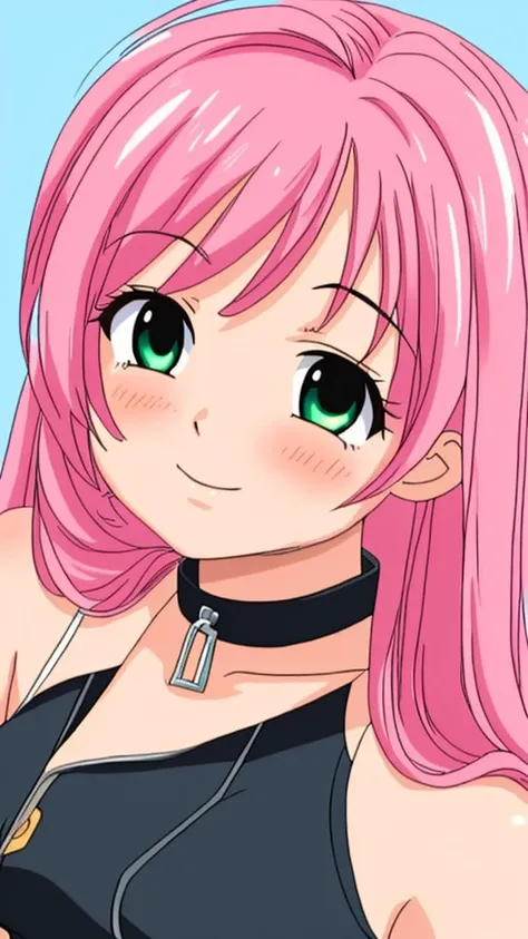 a close up of a person with pink hair and green eyes