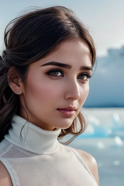 beautiful woman (EPM410m4r:.99), perfect hair, jewellery, ((portrait)), (closeup:1.3), ((from the waist up)), (((  Arctic research station at the edge of a rapidly melting ice shelf :1.2 ))), natural skin texture,  (( turtleneck :1.2)), 24mm, 4k textures, ...