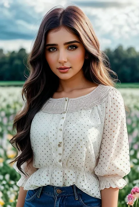 beautiful woman (EPM410m4r:.99), perfect hair, jewellery, ((portrait)), (closeup:1.2), ((from the waist up)), (((  flower field, cloudy sky :1.2 ))), natural skin texture,  (( Polka dot blouse and jeans :1.2)), 24mm, 4k textures, soft cinematic light, adob...