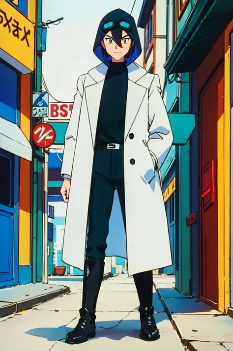 a man in a white coat and black pants standing on a sidewalk