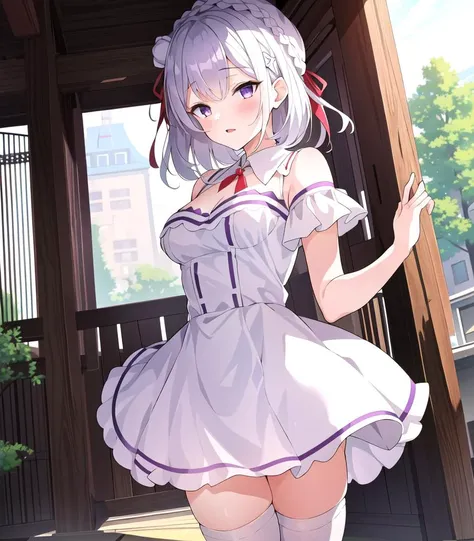 anime girl in a short dress standing in front of a wooden structure