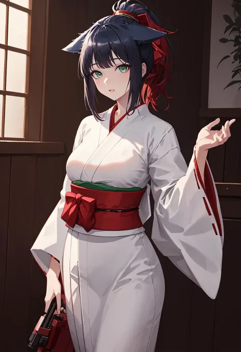 best quality, masterpiece, highres, solo, (jessica_arknights:1.10), (white kimono:1.35), (red hakama:1.35), (wide sleeves:1.20), 22 <lora:jessica_arknights:0.80>