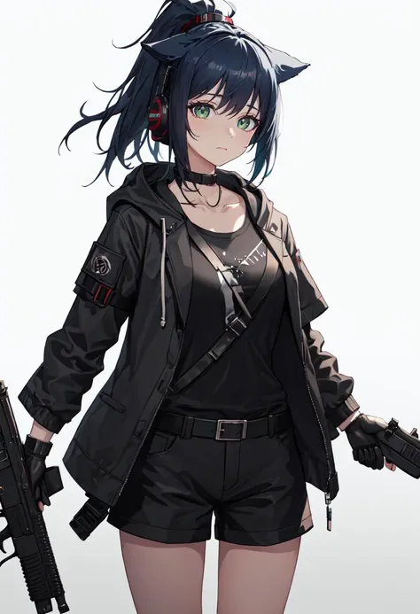 best quality, masterpiece, highres, solo, (jessica_arknights:1.10), 1girl, handgun, holding gun, long sleeves, open jacket, black gloves, black shirt, looking at viewer, black shorts, headset, closed mouth, cowboy shot, grey jacket, hood, simple background...