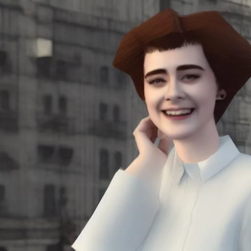 ps1, img, Sean Young, girl, face, low_poly, flat textures, bouffant hair, bladerunner, white blouse, profile, city background, smile, <lora:Hideous_PS1_Game:0.9>