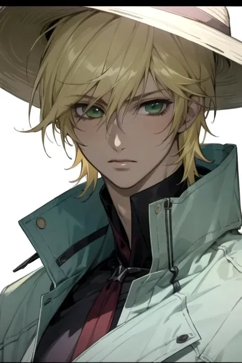 masterpiece, best quality, photorealistic, 1boy, solo, male focus, looking at viewer, , , anime coloring, realistic, <lora:takuma_ichijou:0.72>, takuma_ichijou, blonde hair, green eyes, , sun hat, cyberpunk, 32k resolution