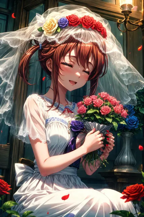 anime girl in a wedding dress holding a bouquet of flowers