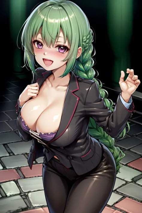 solo, 1girl, :D, looking at viewer, blush, large breasts, green hair, straight-across bangs, french braid, dark purple eyes, dark grey suit jacket, double_v, dungeon, <lora:Menyoujan_style_v01.07:1>