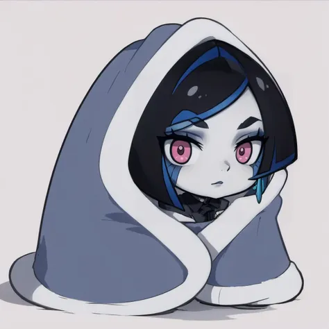 a close up of a cartoon character with a hood on