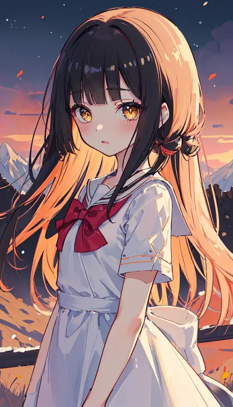 1girl,
yellow eyes, black hair,blunt bangs, red bow, long hair, straight hair, eyebrows_visible_through_hair,
shy, blush,
small breasts,
age:16, female child, petite,
full_body,
serafuku, one piece, dress,
beautiful detailed gir, bright eyes, Fine hair tex...