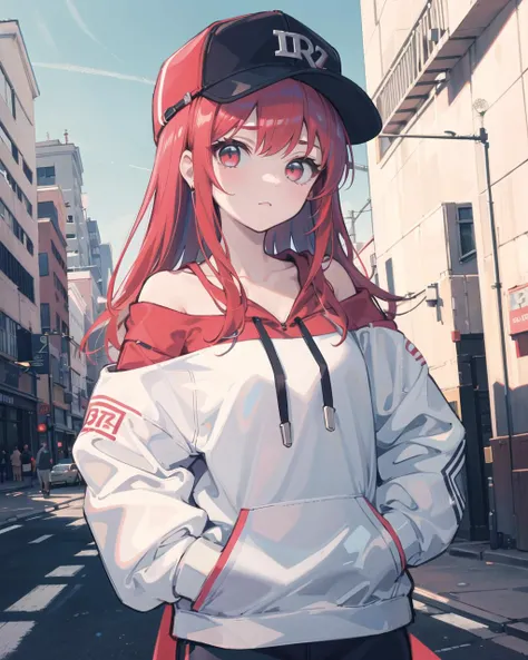 masterpiece,1girl,solo,long hair,red hair,hoodie,<lora:quinellaSAOCharacter_v10:0.8>,off shoulder:1.2, mob cap, street,hand on hip, hand in pocket,cute,silm