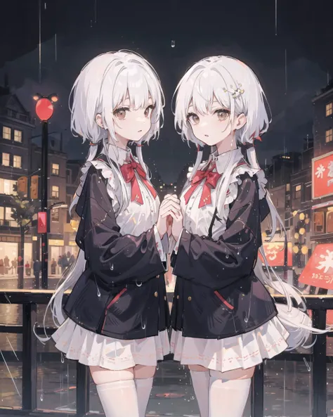 twins,white hair,stockings,mature female,rain,night city, <lora:mingStyle8:0.4>