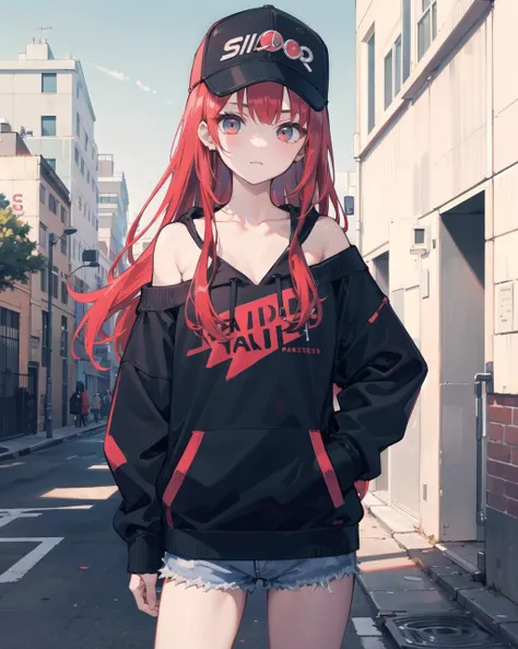 masterpiece,1girl,solo,long hair,red hair,hoodie,<lora:quinellaSAOCharacter_v10:0.8>,off shoulder:1.2, mob cap, street,hand on hip, hand in pocket,cute,silm