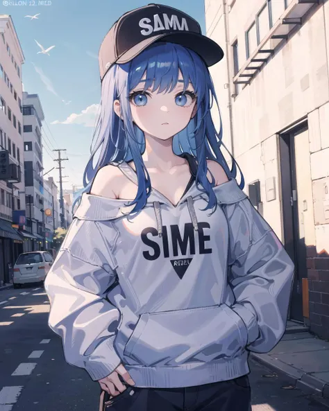 masterpiece,1girl,solo,long hair,blue hair,hoodie,<lora:quinellaSAOCharacter_v10:0.8>,off shoulder:1.2, mob cap, street,hand on hip, hand in pocket,cute,silm