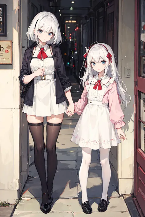 anime characters dressed in white and black standing in front of a building