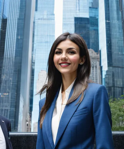 a close up of a woman in a blue suit standing in front of a building