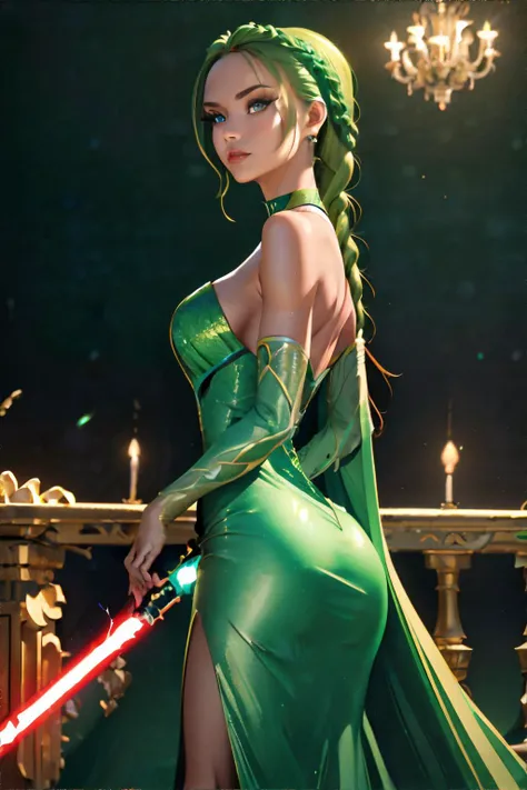 <lora:hautecouturegowns:0.7>, woman wearing hc_gown, Lightsaber Green dress, chestnut dutch braid || <lora:hautecouturegowns:0.7>, masterpiece, perfect quality, sharp focus, shallow depth of field, 8k