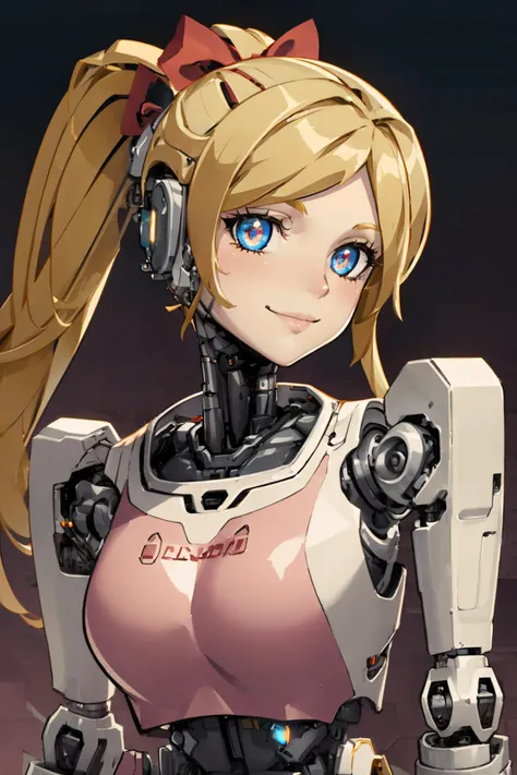 masterpiece, best quality, beautybot, kingsman 2, robot joints, android, robot girl, robotization, robotic face, mechanical hair, machine, no humans, glowing pupils, porcelain skin, upper body, looking at viewer, smile, abstract background, darkness  <lora...