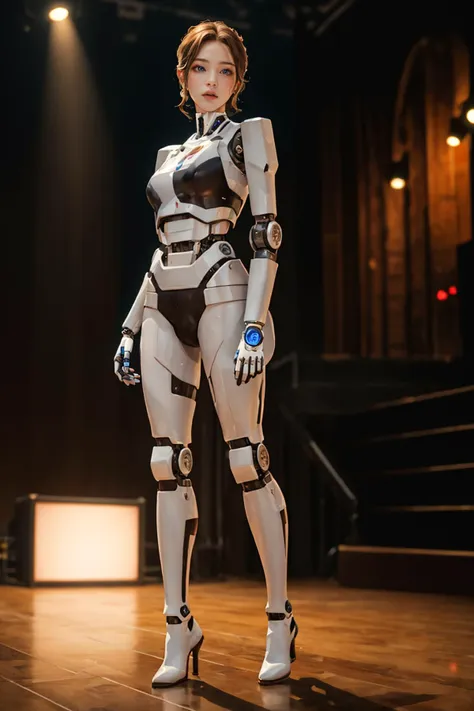 a close up of a woman in a white and black suit on a stage