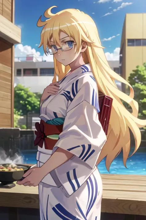 best quality, masterpiece, highres, solo, {yukata:1.40}, {kimono:1.20}, {shaga_ayame_bento:1.15}, blonde_hair, long_hair, glasses, blue_eyes