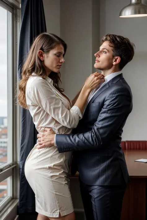 photo of (stunningly beautiful sexy 30 year old tall Swedish woman wearing ((business clothes))) and (20 year old short man with dick bulge), office boardroom, at night, open clothes, RAW photo, high quality, 35mm photograph, film grain, bokeh, professiona...