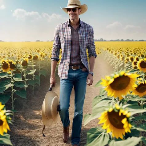 a skinny man  wearing a checkered shirt and a wide brimmed hat walks in the sunflower field | | sunny, dreamlike art, mist, real...