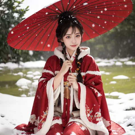 1 girl, sitting, (holding umbrella:1.1), Hanfu, (Winter hanfu), cloak, (raining, snow, winter outdoors:1.2), <lora:Winter_Hanfu:0.65>